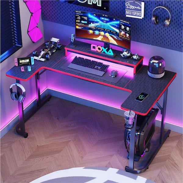 L-Shaped Gaming Desk Carbon Fiber Texture Monitor Riser