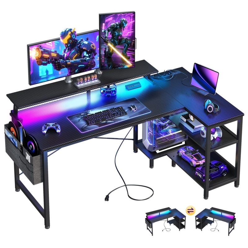 L-Shaped Gaming Desk Carbon Fiber Texture with Power Outlets