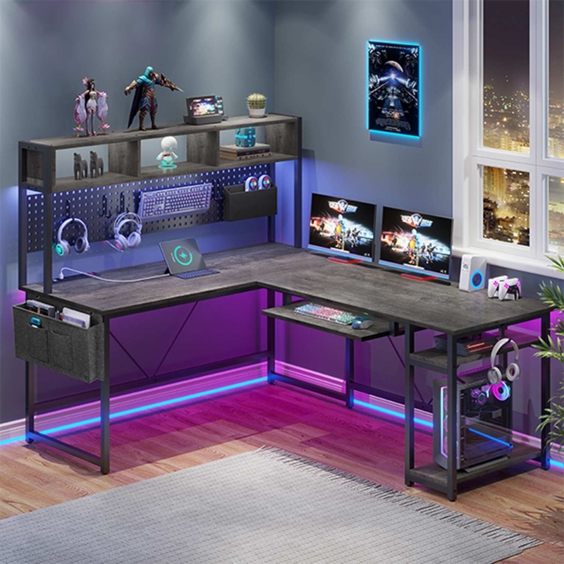 L-Shaped Gaming Desk Grey Wood with Integrated Hutch and Pegboard