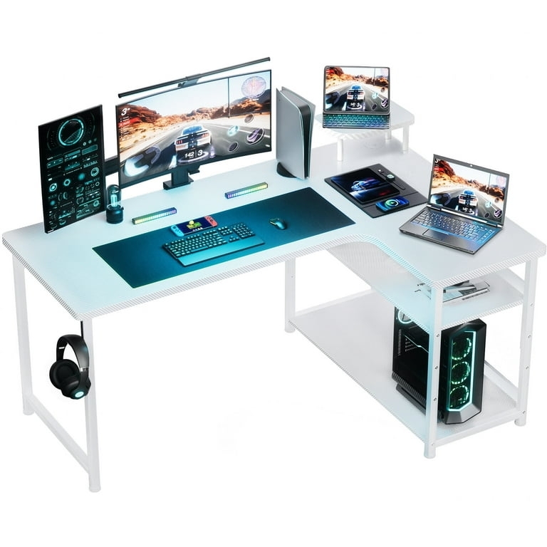 L-Shaped Gaming Desk White with Carbon Fiber Weave Pattern