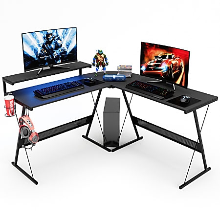 L-Shaped Gaming Desk with Mesh Panels and Cup Holder