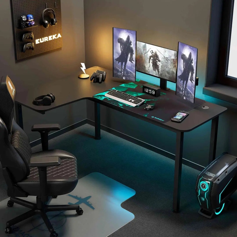 L-Shaped Gaming Station with RGB Lighting and Pegboard Organizer