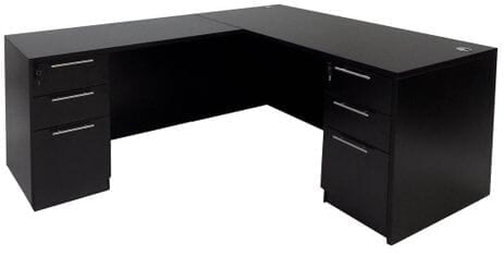 L-Shaped Manager's Desk with Six Locking Drawers and Silver Bar Pulls