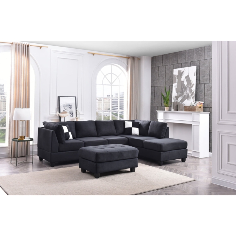 L-Shaped Microsuede Sectional Sofa with Tufted Ottoman