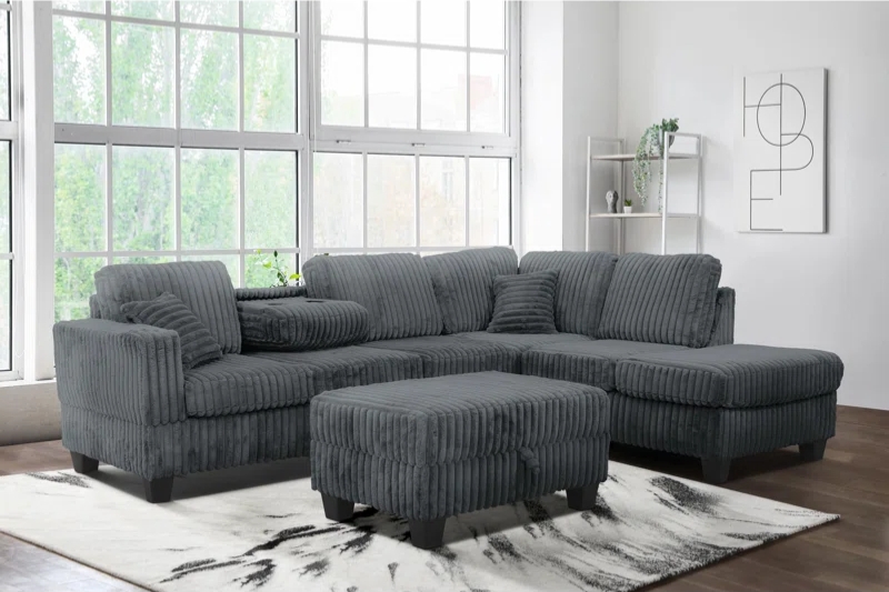 L-Shaped Sectional Sofa Charcoal Corduroy With Storage Ottoman