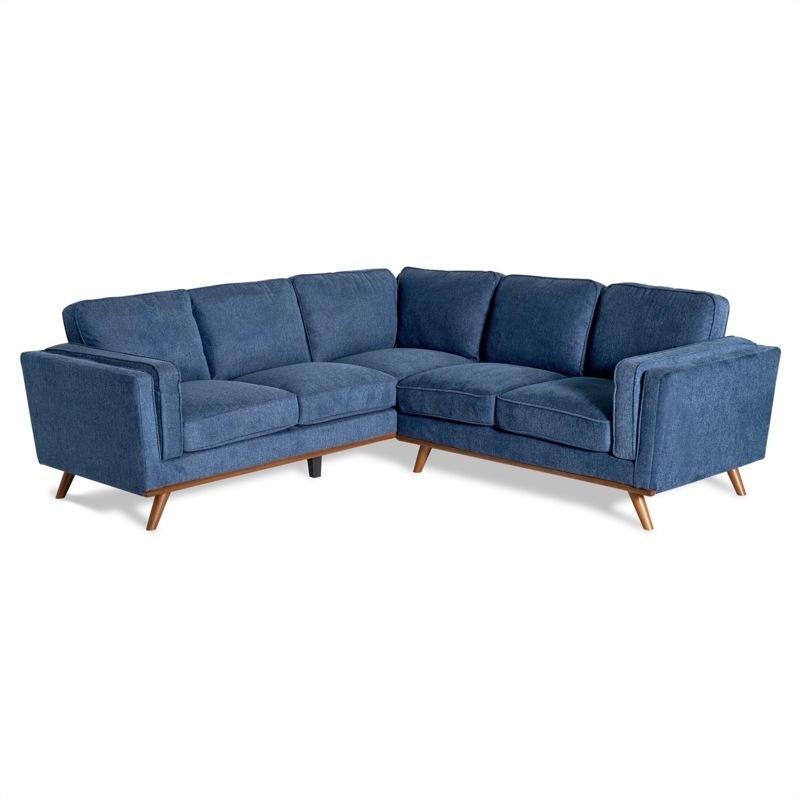 L-Shaped Sectional Sofa, Denim Blue Fabric, Splayed Legs, Wood Base