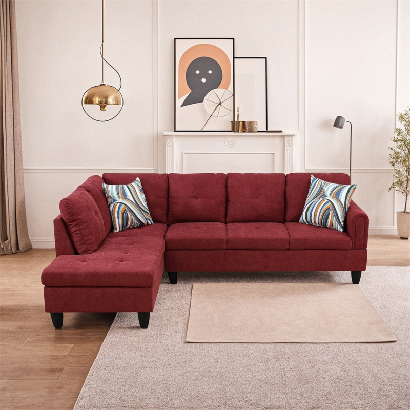 L-Shaped Sectional Sofa in Crimson with Tufted Seats