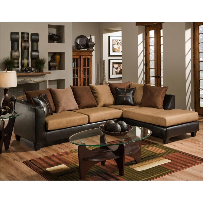 L-Shaped Sectional Sofa: Tan Microfiber and Dark Brown Leather-Like Base