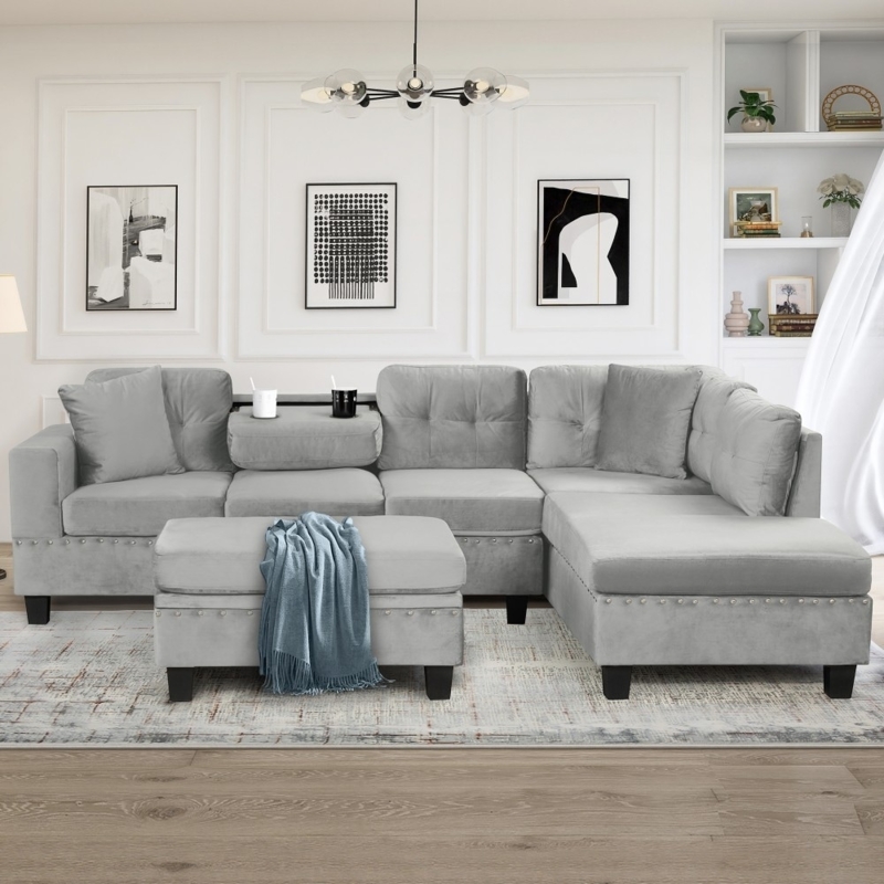 L-Shaped Sectional Sofa with Cup Holders Light Grey Velvet