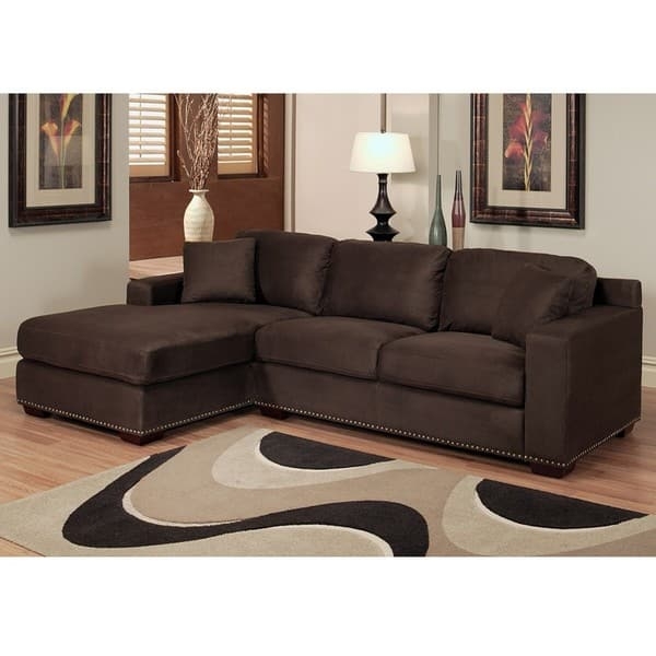 L-Shaped Sectional Sofa with Nailhead Trim, Dark Brown Microsuede & Chaise