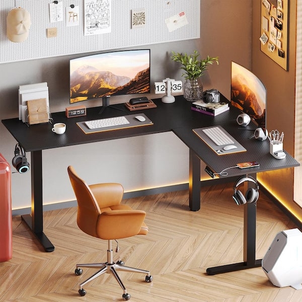 L-Shaped Standing Desk with Carbon Fiber Finish and Headphone Hooks
