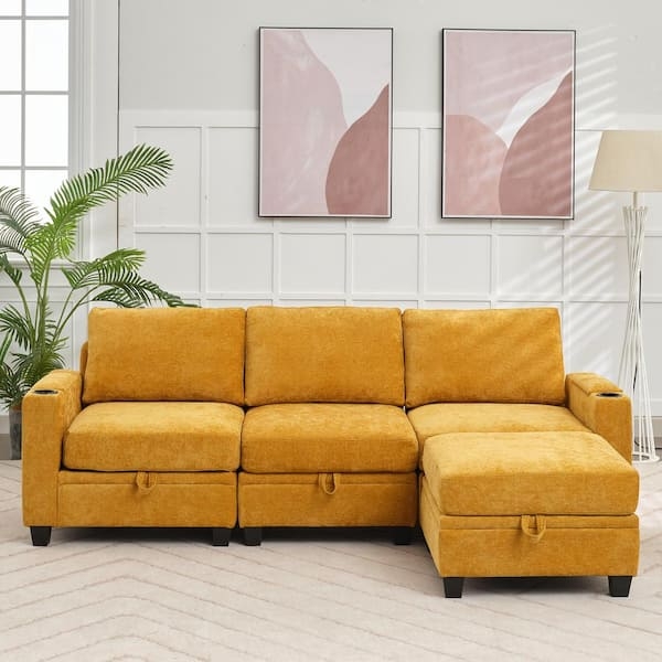 L-Shaped Storage Sectional in Chenille with Cup Holders and Pull-Tabs