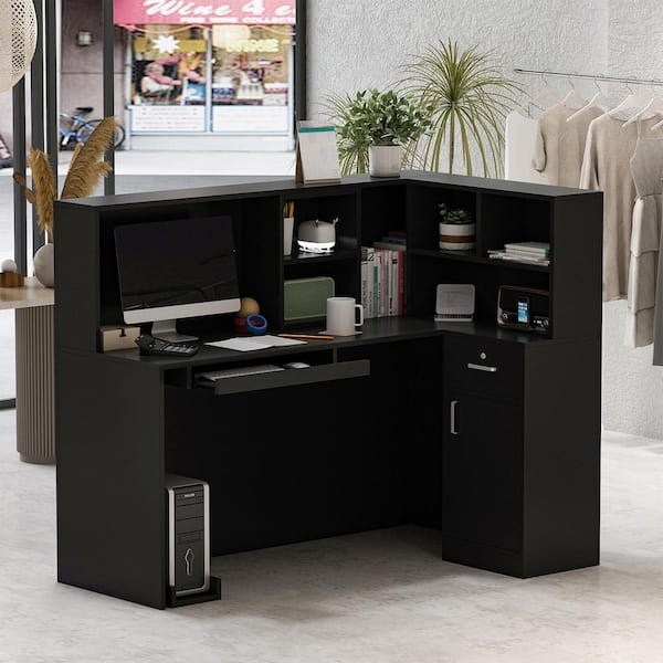 L-Shaped Workstation with Hutch Shelving, Keyboard Tray, and Cabinet