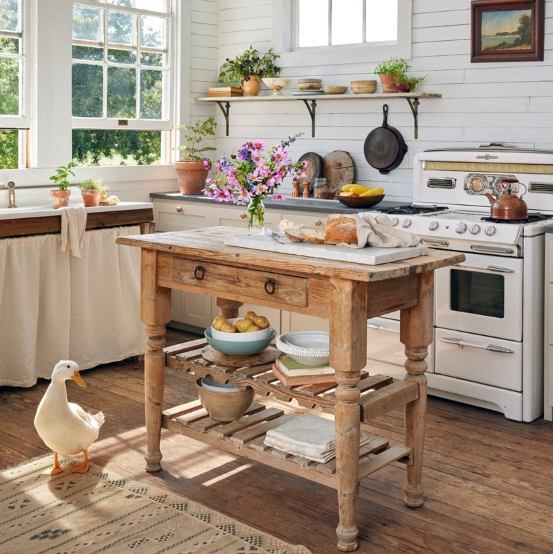 Large Built-In Stone Kitchen Island, Exposed Ceiling Beams, Seating.