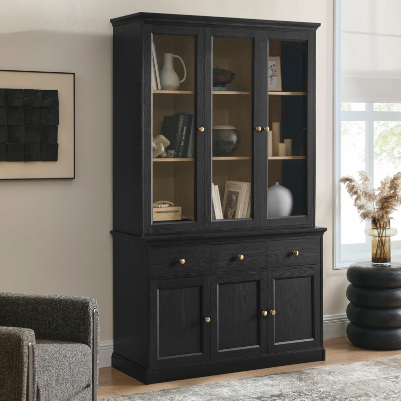 Large China Cabinet Transitional Style Gold Knob Hardware