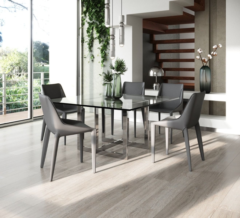 Large Dining Table Square Glass Top Interlocking Stainless Steel Base