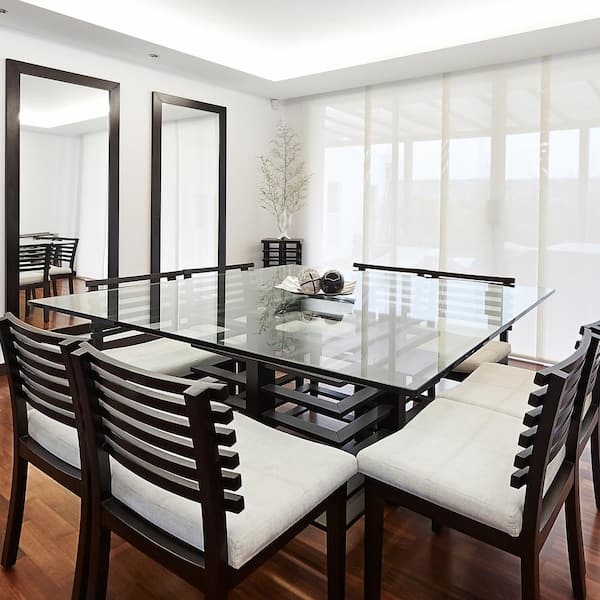 Large Dining Table Square Glass Top Slatted Wood Base