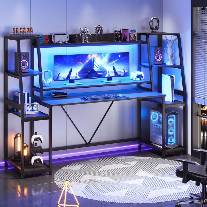 Large Gaming Desk with Integrated Hutch and Tiered Shelving