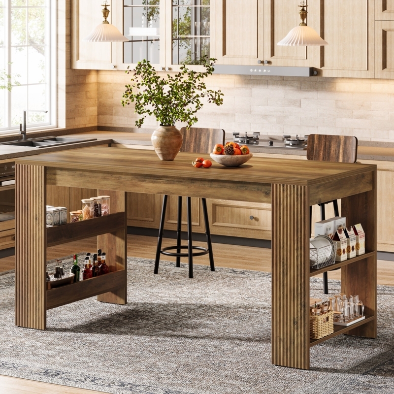 Large Kitchen Island With Fluted Side Panels And Open Shelving