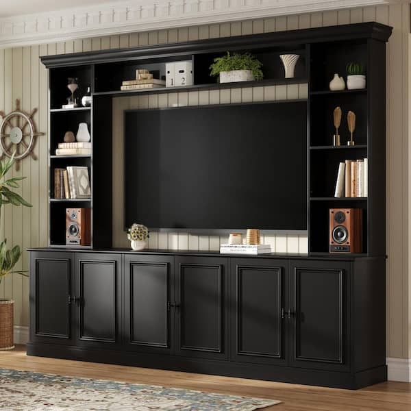 Large Matte Black Entertainment Center Wall Unit with Crown Molding.