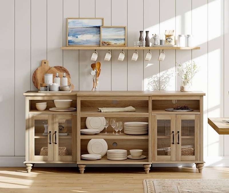 Large Oak Buffet Cabinet with Glass Doors and Turned Bun Feet