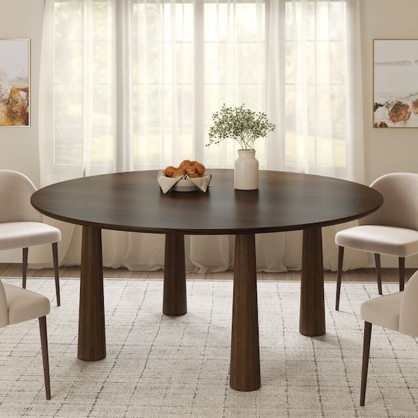 Large Round Dining Table with Thick Tapered Legs in Walnut Finish
