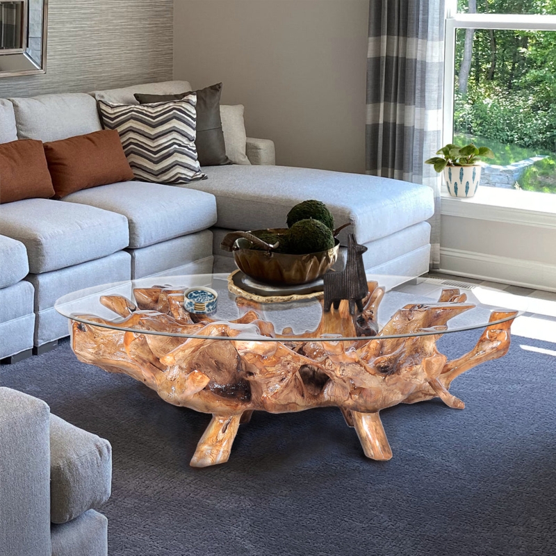 Large Round Glass Coffee Table with Statement Teak Root Base