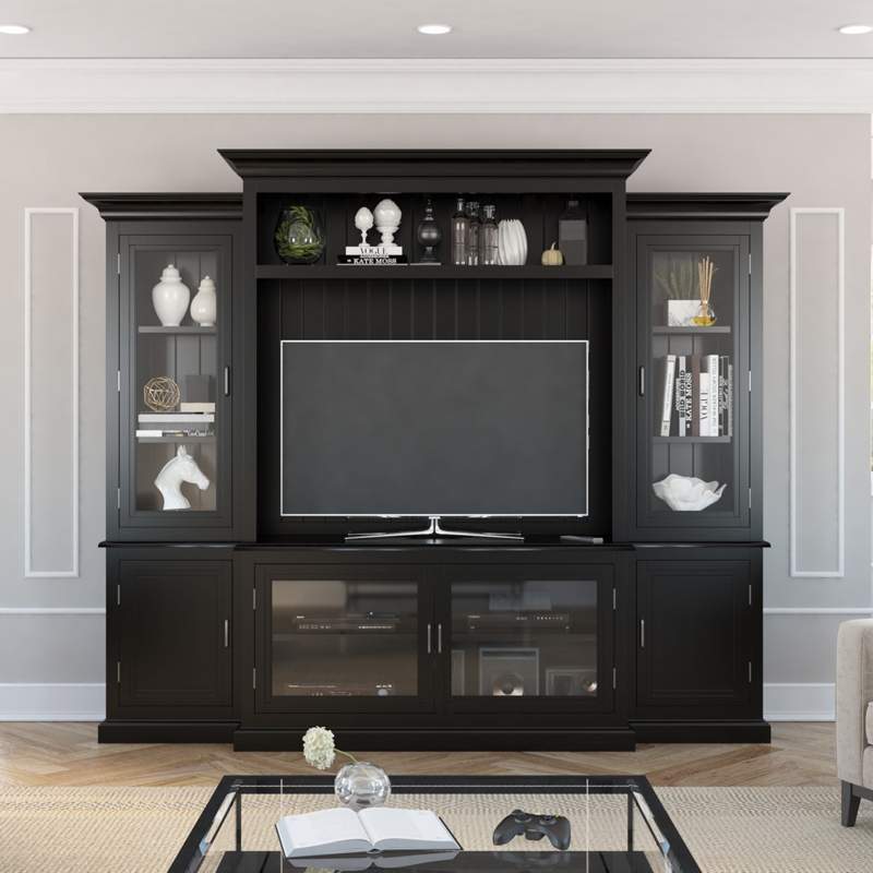 Large TV Wall Unit in Black Wood Finish with Glass Piers and Molding