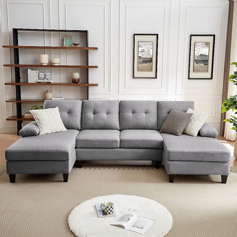 Large U-Shaped Light Grey Sectional with Tufted Back