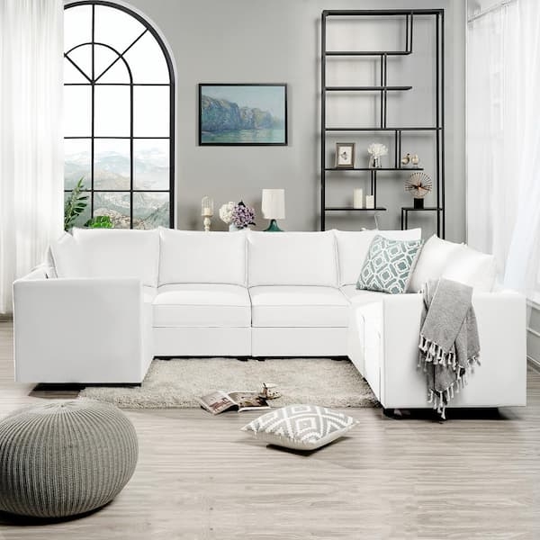 Large U-Shaped Sectional Sofa with White Linen-Like Upholstery