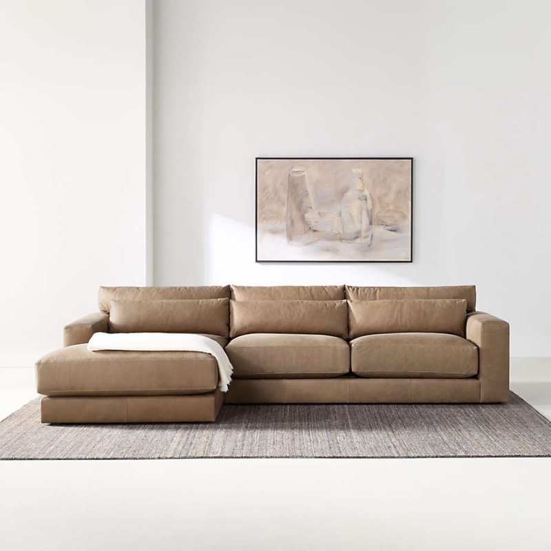 Leather-Like Sectional Sofa Tan with Lumbar Cushions Block Arms