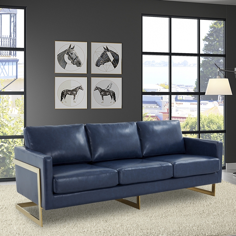 Leather-Like Sofa, Gold Sled Base, Metal Frame, Modern Contemporary