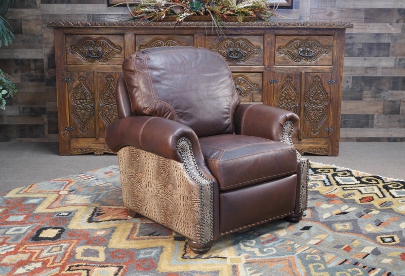 Leather Recliner with Hornback Gator Texture Panels and Nailhead Trim