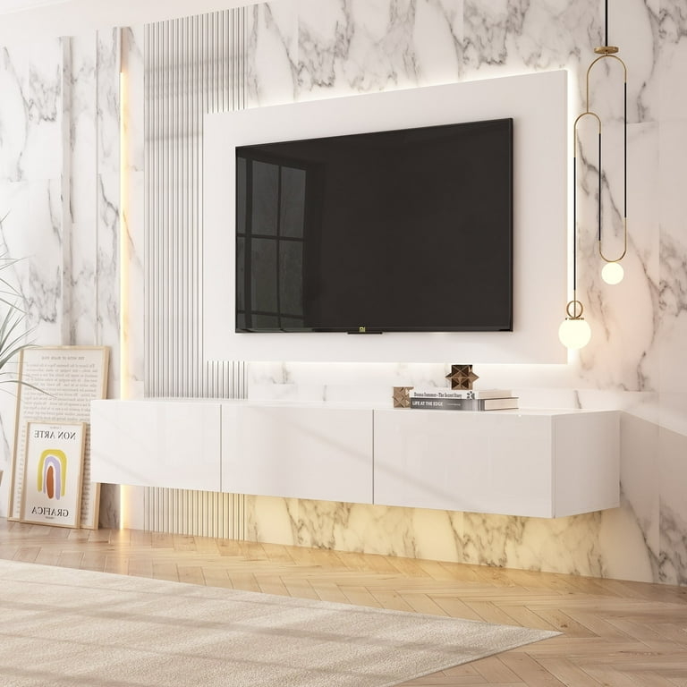 LED Backlit Floating Media Console with High-Gloss Finish