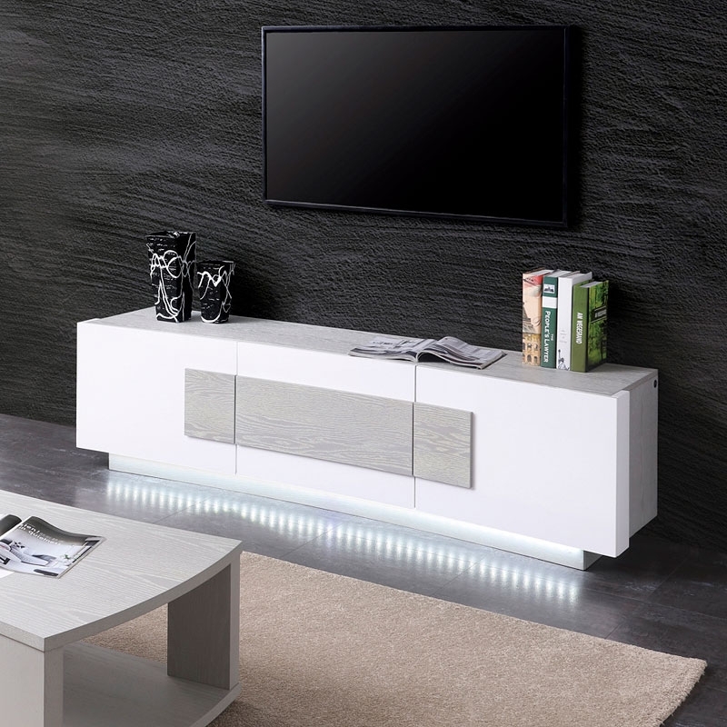 LED Lit TV Stand Low Profile Glossy White Grey Panels