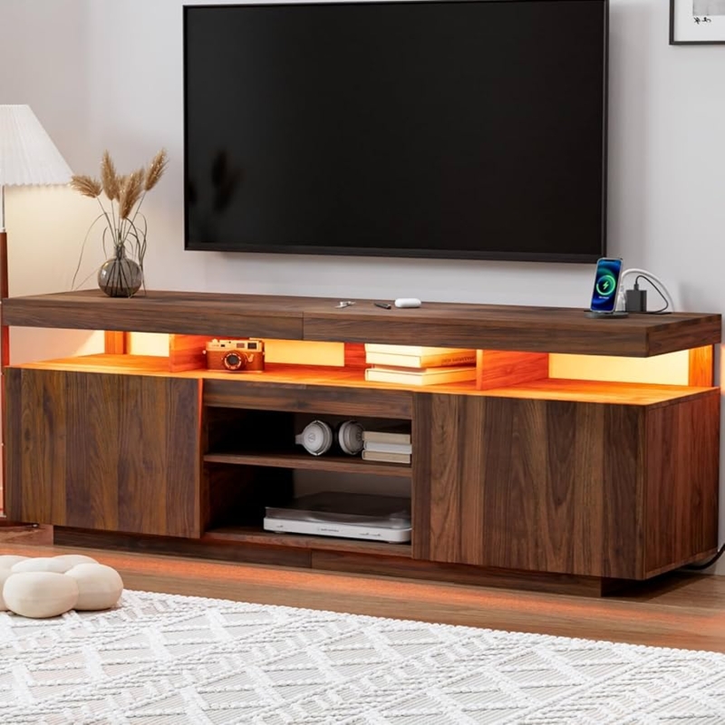 LED TV Stand with Built-In Charging Station & Handle-less Doors