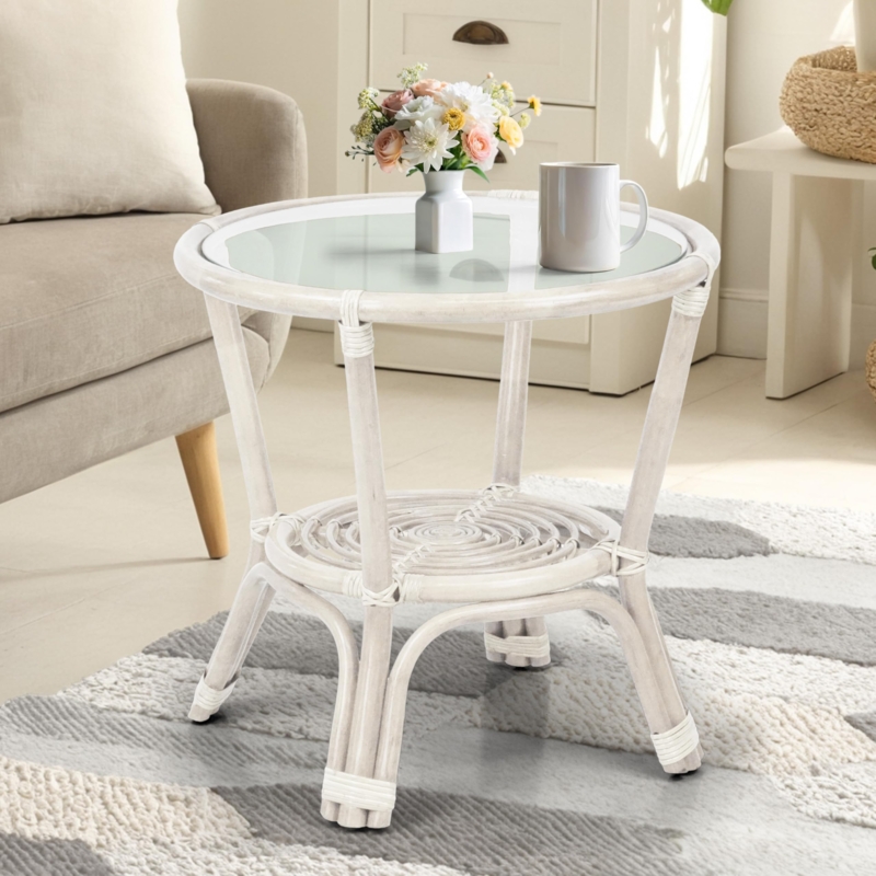 : Leo Rattan Wicker Round Accent Coffee Table with Glass, White  Color : Home & Kitchen