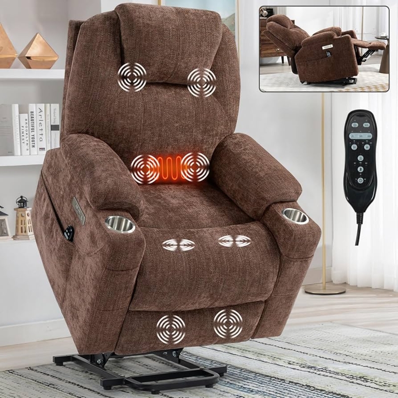 Lift Chair Brown Textured Weave with Massage Heat and Cup Holders