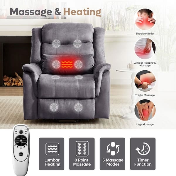 Lift Chair Gray 8-Point Massage Lumbar Heat With Pillow