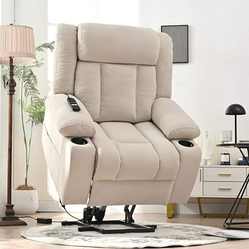 Lift Recliner Beige Velvet Upholstery with Integrated Cup Holders