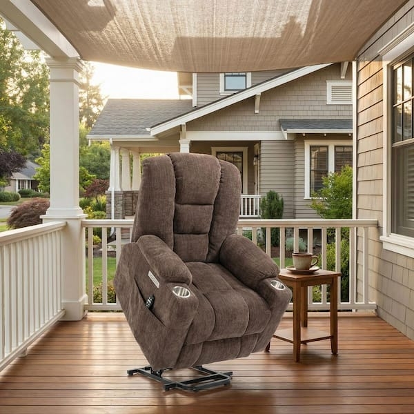 Lift Recliner Brown Chenille-Like Fabric with Channeled Backrest