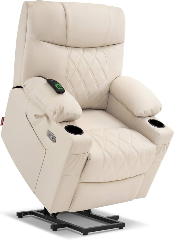 Lift Recliner Cream White Diamond Quilting Leather-Like Power Chair