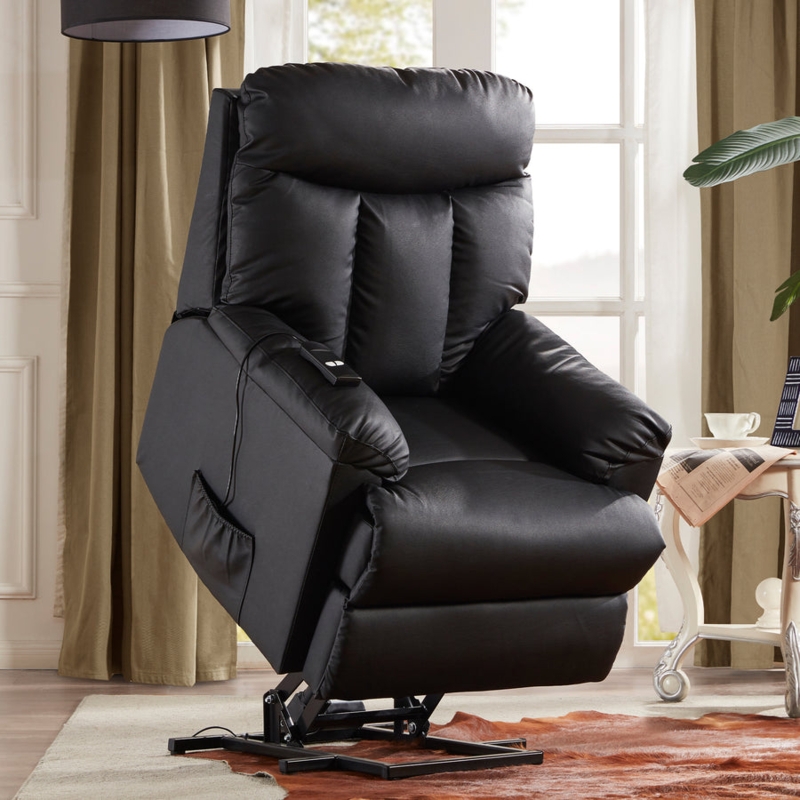 Lift Recliner Matte Black Leather-Like with Segmented Backrest
