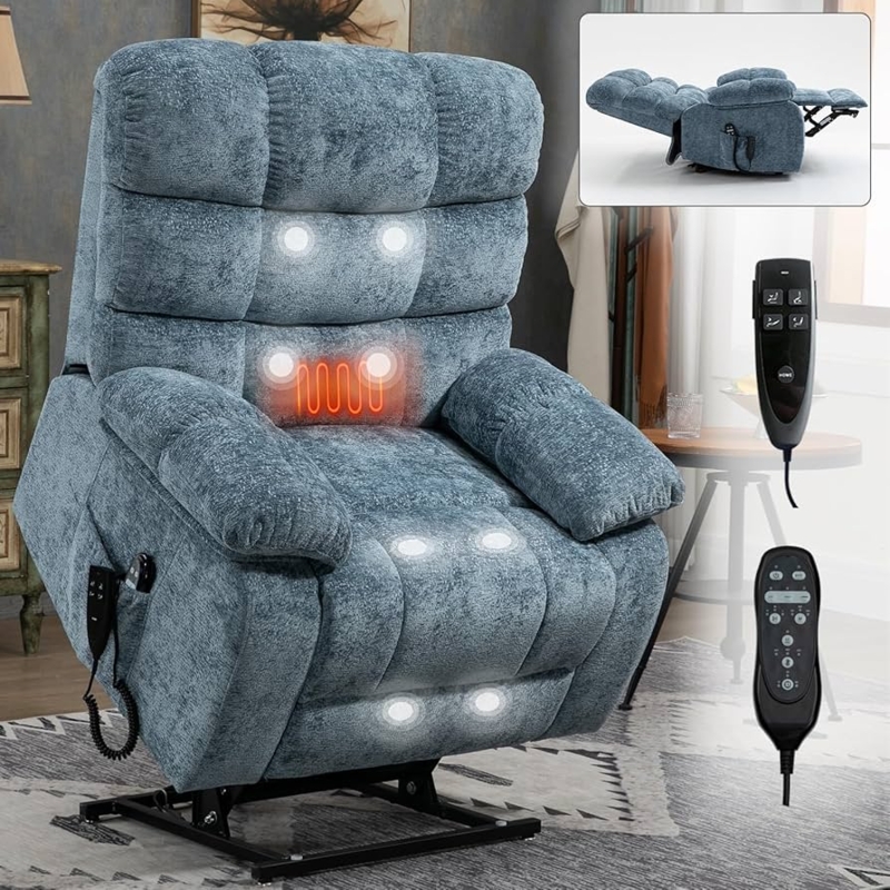 Lift Recliner Mottled Blue Fabric with Heat and Massage Functions
