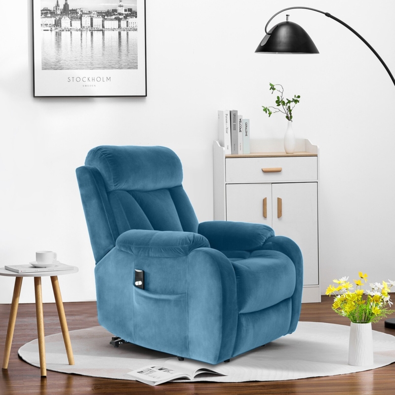 Lift Recliner Muted Blue Velvet-Like Fabric with Overstuffed Backrest