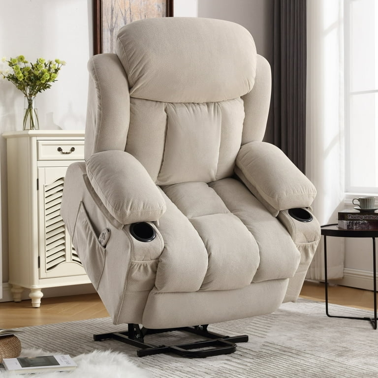Lift Recliner Plush Beige Fabric with Overstuffed Cushions