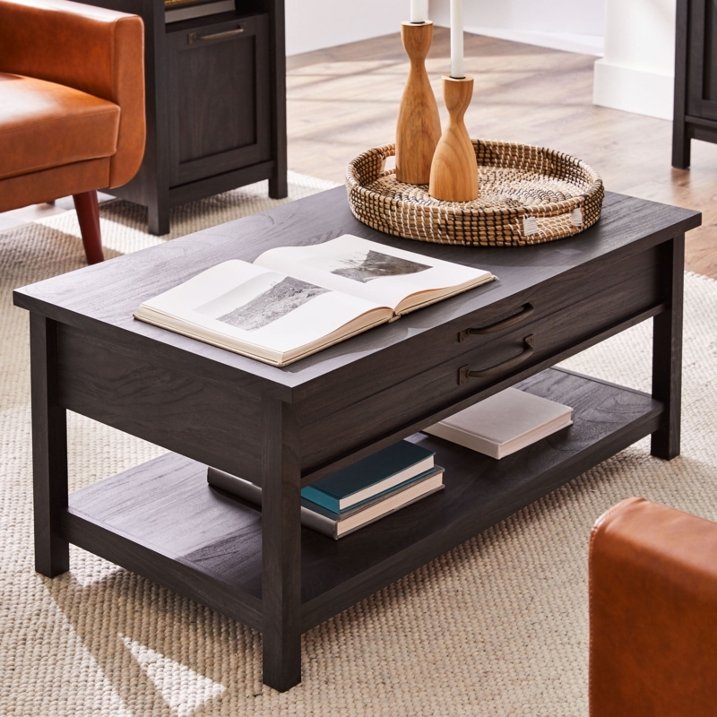 Lift-Top Coffee Table Matte Finish Lower Shelf Rectangular Drawer Pulls