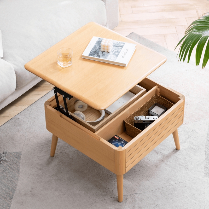 Lift Top Coffee Table with Tapered Legs, Natural Wood Slat Detail