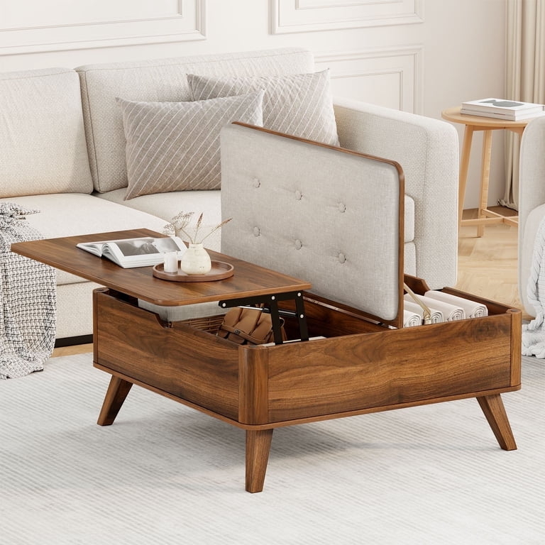 Lift Top Storage Ottoman Table Square Brown Tufted Leather Look