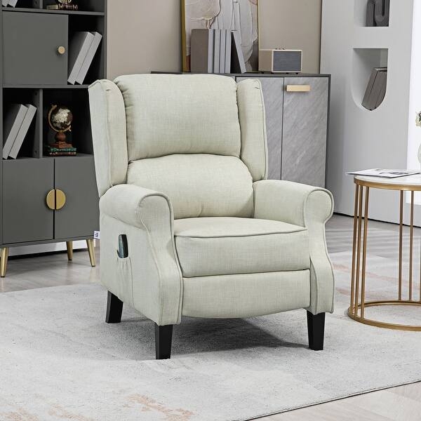 Light Beige Wingback Recliner in Linen Look Fabric with Side Pocket